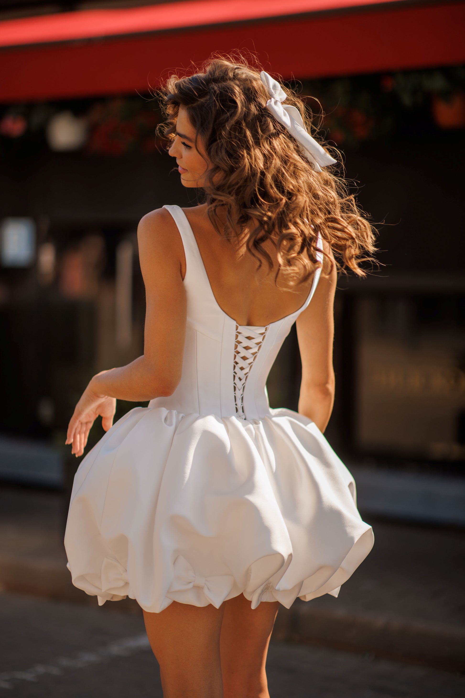 Mini Mikado sleeveless wedding dress with lace-up back