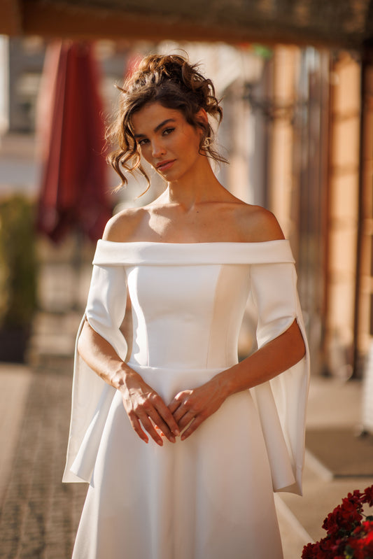 Simple Modest Minimalist Plain A-line Off the shoulder Long slit sleeves Straight draped neckline Open back Lace-up closure Mikado wedding dress