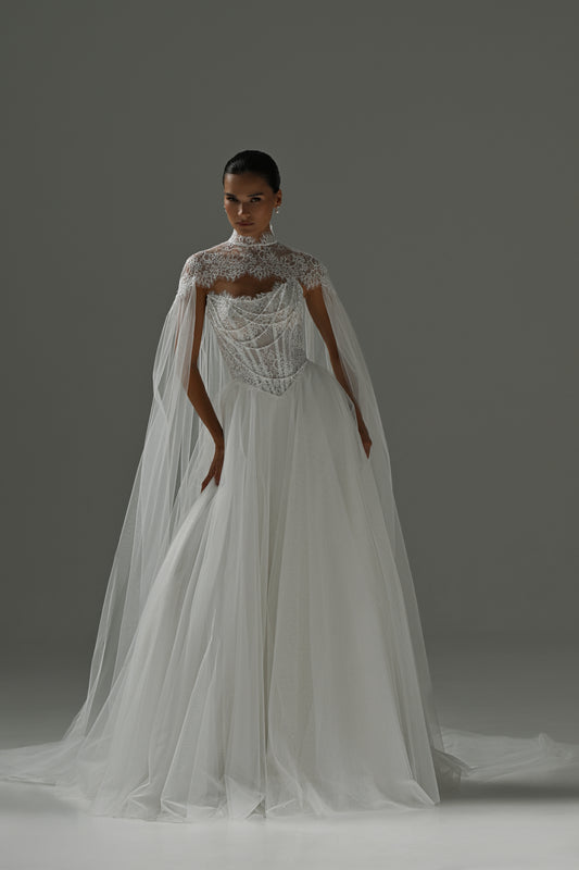Tulle wedding dress with lace corset, sweetheart neckline and sheer cape – front view with the cape