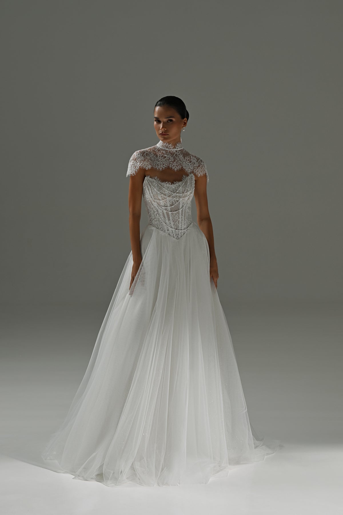 Tulle wedding dress with lace corset and cap sleeves – full-length front view without the cape