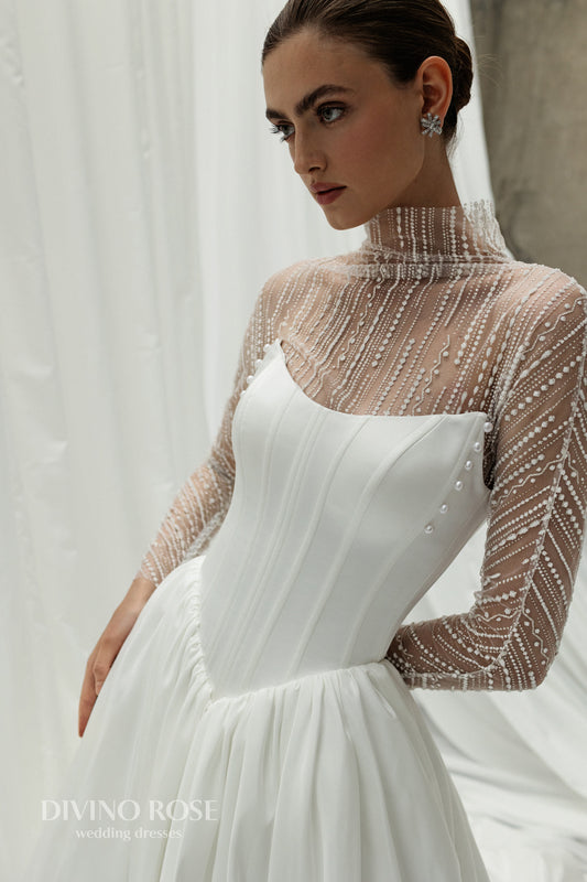 A-line Illusion long sleeve Mockneck Boat neckline Drop-down waist Lace-up corset Wedding dress