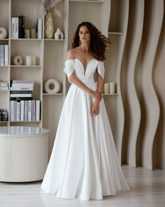 Off the shoulder A-line wedding dress with court train