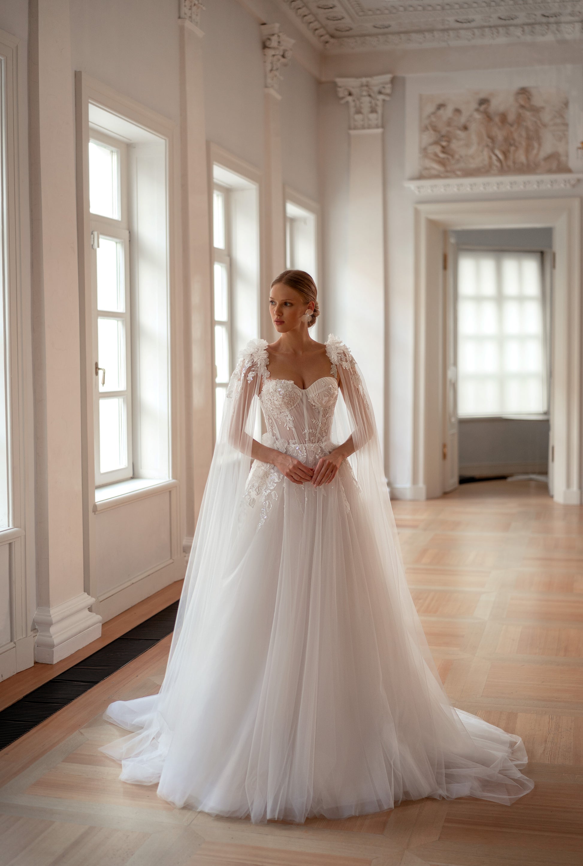 tulle dress with plunge neckline and open back White Tulle Plunge V Open Back Ball Gown with Bow Modsele