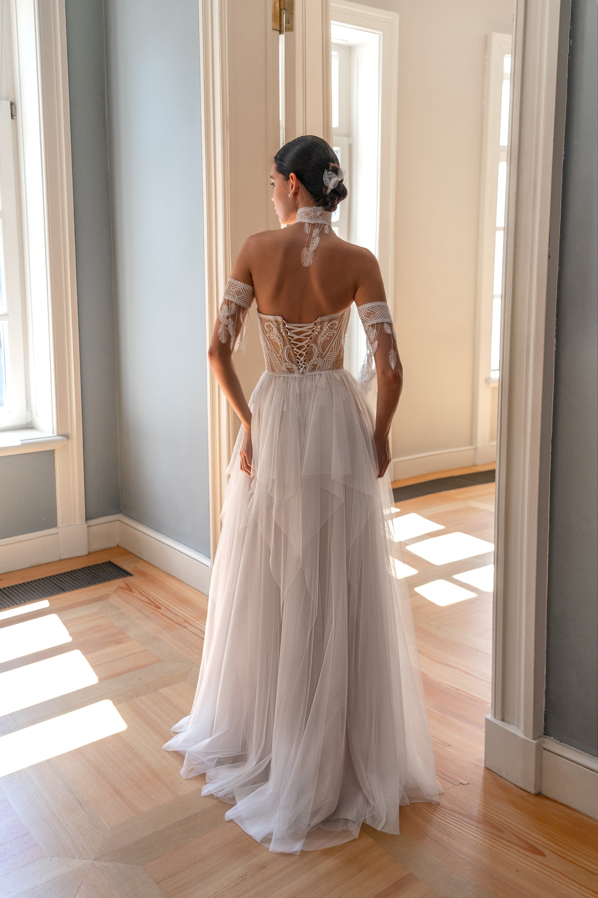 wedding dresses with off the shoulder straps Satin fitted wedding dress with off-the-shoulder straps