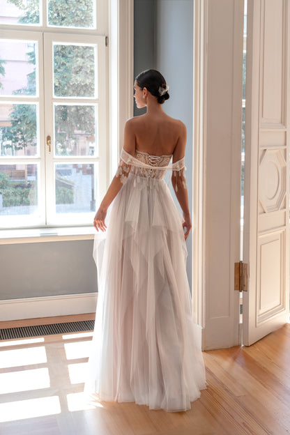 Boho tulle wedding dress with off-the-shoulder sleeveless straps