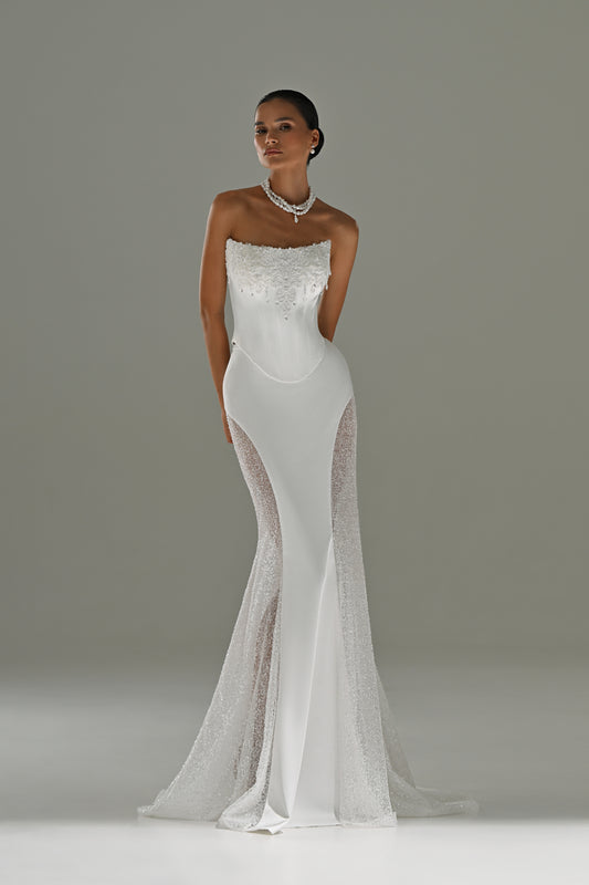 Satin mermaid wedding dress with strapless corset and lace side panels – full-length front view