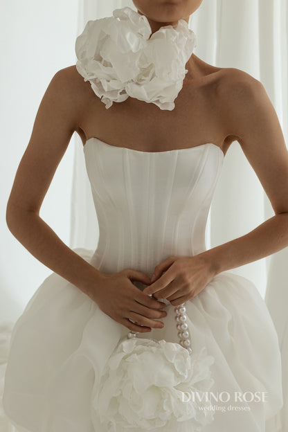 Mini organza reception wedding dress with boat neckline