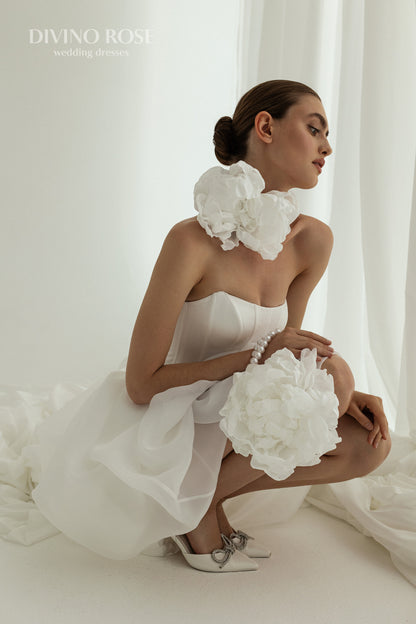 Mini organza reception wedding dress with boat neckline