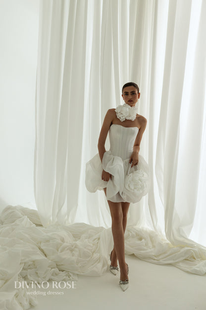 Mini organza reception wedding dress with boat neckline