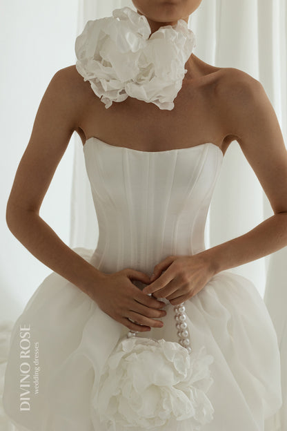 Mini organza reception wedding dress with boat neckline