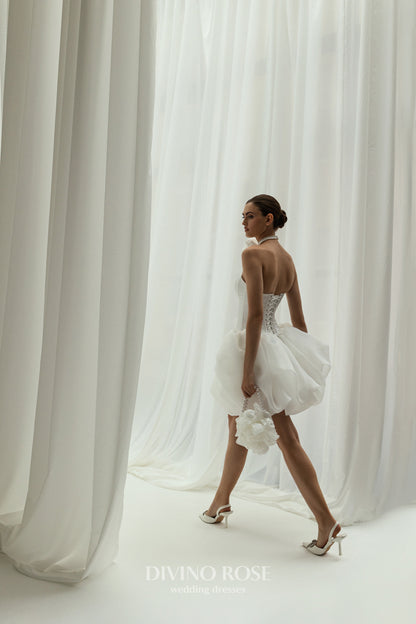 Mini organza reception wedding dress with boat neckline