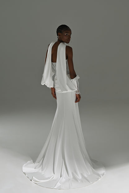 Satin sheath wedding dress with lace corset – back view with the satin train
