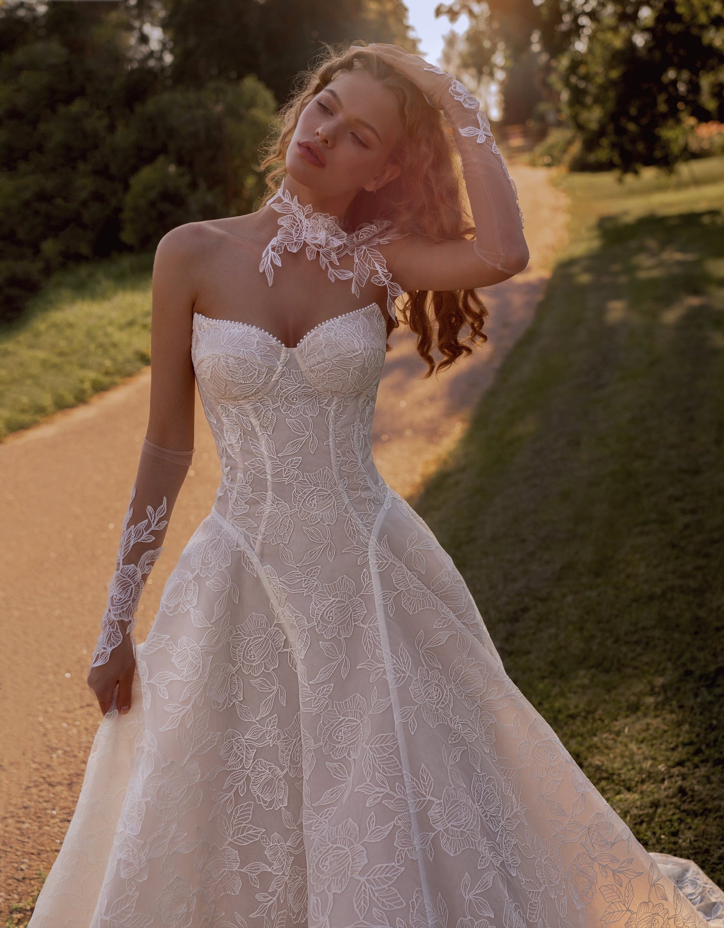 Strapless A-Line / Ball Gown Floral Lace Corset Gown with Full Skirt