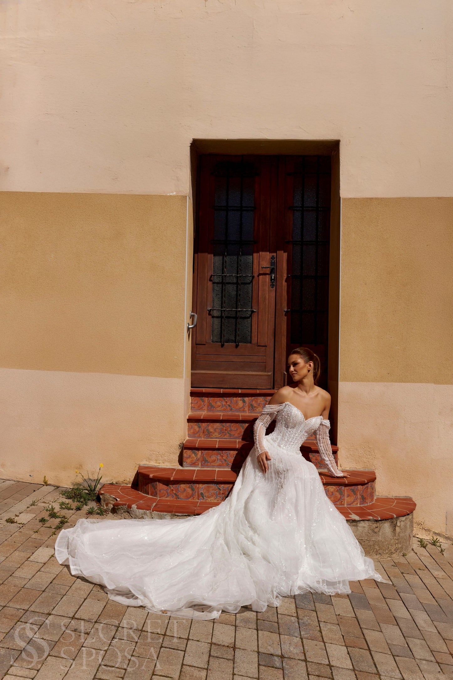 Bride in A-line tulle wedding dress with pearl and sequin embroidery, V-neckline, removable long off-the-shoulder sleeves, straight open back, and chapel train.