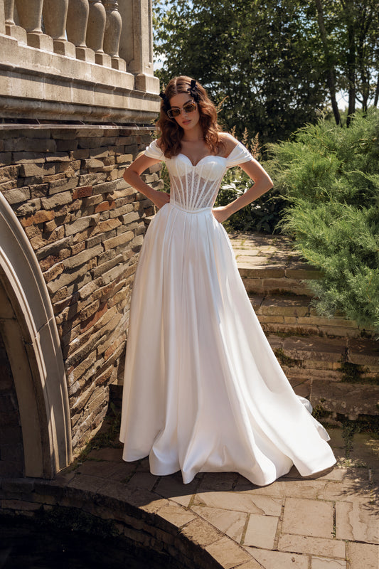 Modern Classic Off the shoulder Sweetheart Corset Open Boat shape back Lace-up closure A-line Pleated skirt Court Train Wedding dress