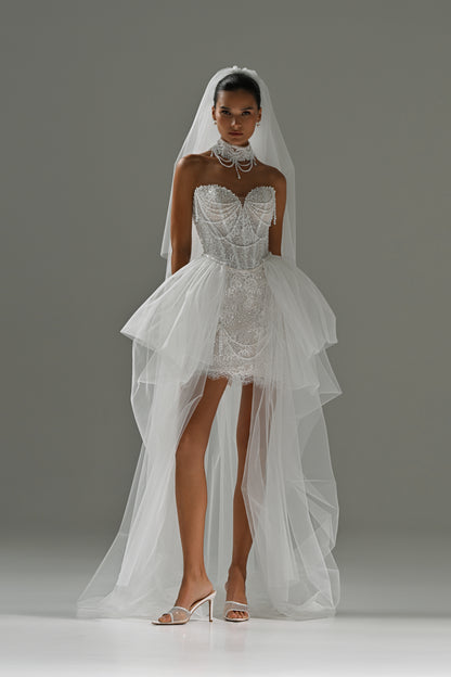 Lace mini wedding dress with corset bodice – front view with the detachable tulle train and veil
