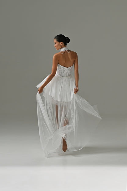 Lace mini wedding dress with detachable tulle train – back view of the sheer train