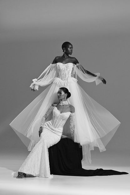 Lace and tulle ball gown wedding dress – black and white view of two brides with the tulle overskirt