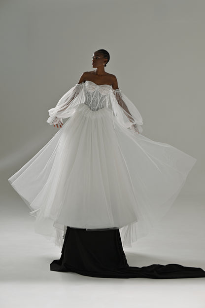 Lace and tulle ball gown wedding dress with off-shoulder corset – front view with the flared detachable tulle overskirt