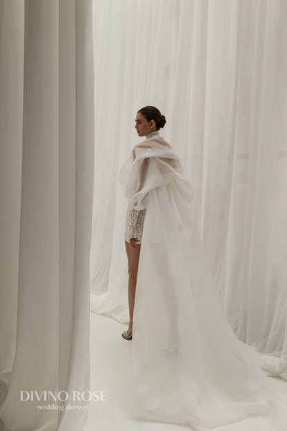 Mini wedding dress with lace and Watteau train