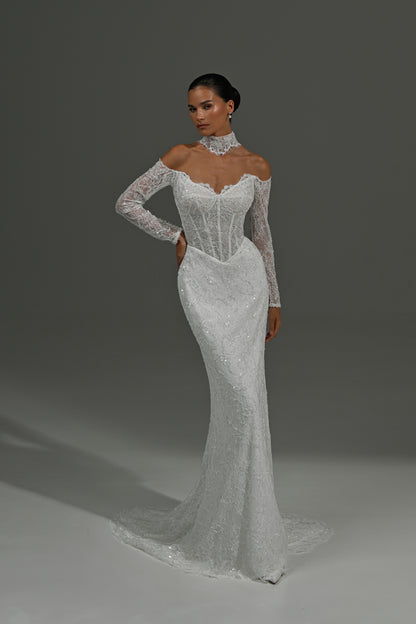 Lace mermaid wedding dress with off-shoulder long sleeves and sweetheart corset – full-length front view