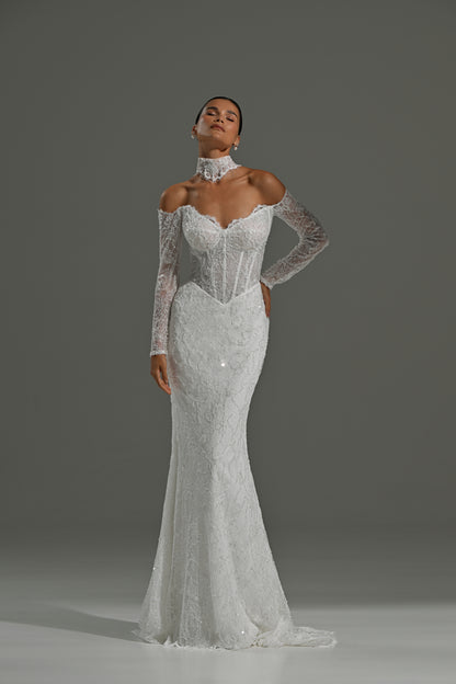 Lace mermaid wedding dress with off-shoulder long sleeves and choker – three-quarter front view