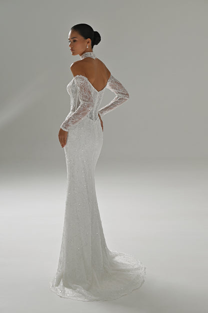 Lace mermaid wedding dress with off-shoulder long sleeves – back view of the lace and open back