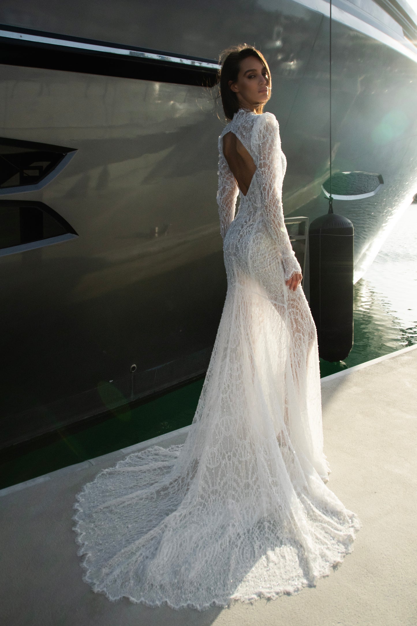 Celeste beaded lace long-sleeve sheath wedding dress with high neck and detachable tulle overskirt, open-back detail.
