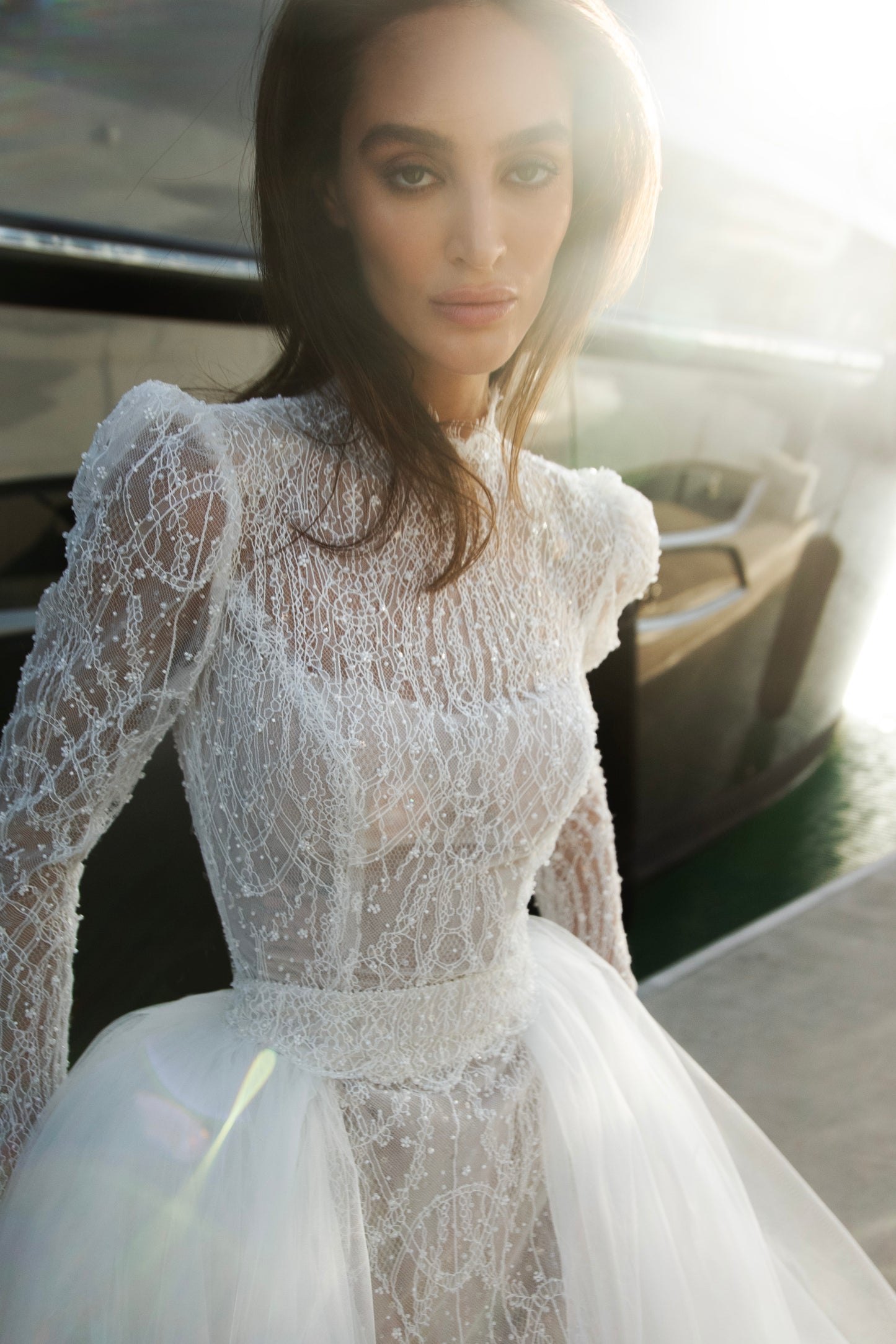 Celeste beaded lace long-sleeve sheath wedding dress with high neck and detachable tulle overskirt, open-back detail.