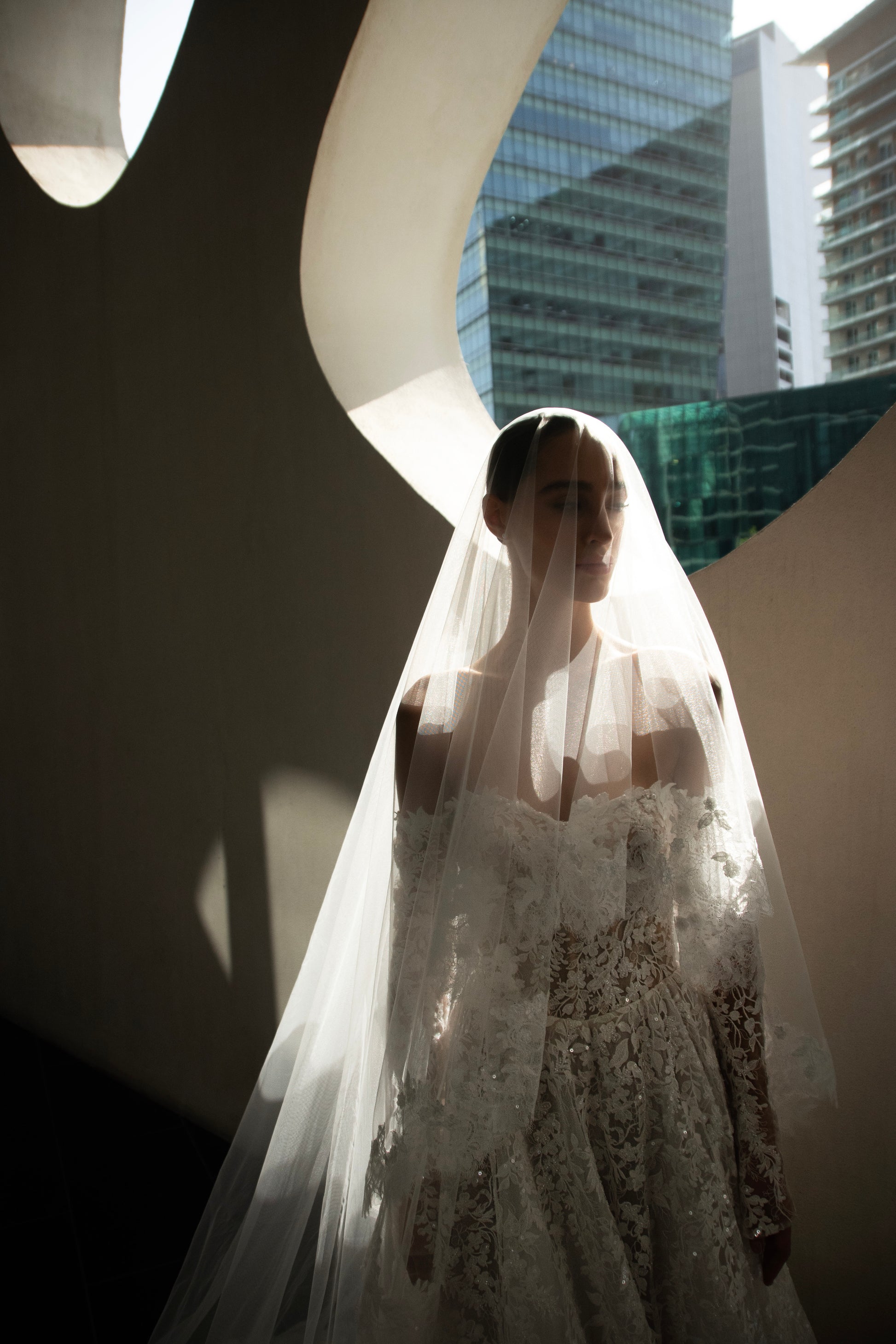 Celeste off-shoulder lace and tulle ball gown with detachable long sleeves and chapel train.