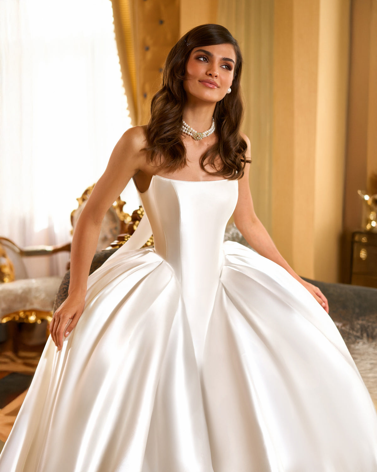 Strapless mikado ball gown wedding dress with straight neckline, corset bodice and full pleated skirt