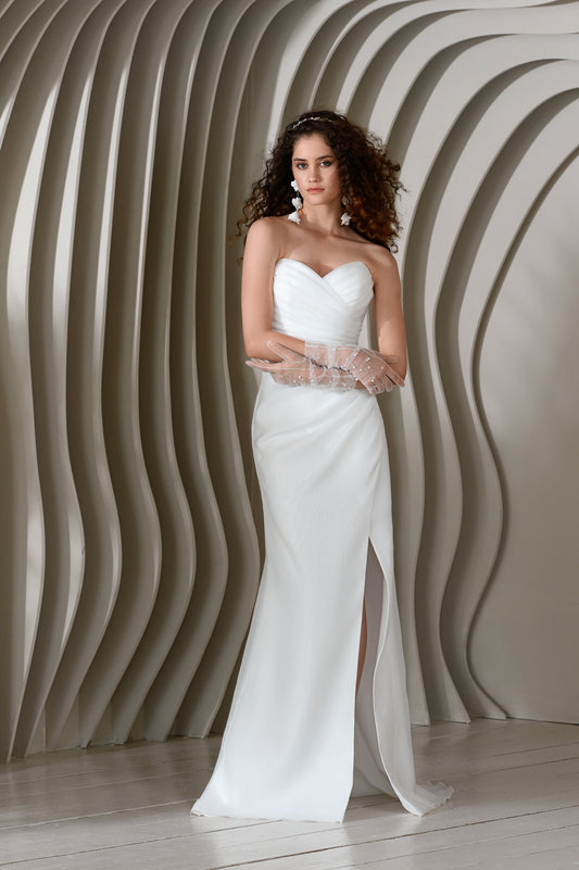 Classic Simple Minimalist Modern Sheath Fitted Column Sleeveless Sweetheart neckline Pleated bodice Slit skirt Detachable Train Wedding dress