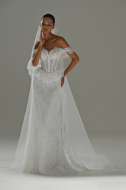Lace mermaid wedding dress with off-shoulder sweetheart corset and cap sleeves – full-length front view with the overskirt