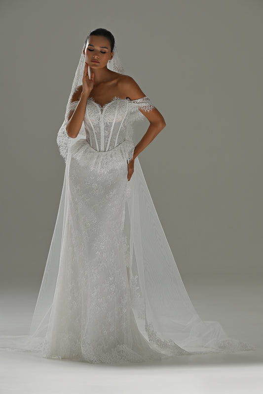 Lace mermaid wedding dress with off-shoulder sweetheart corset and cap sleeves – full-length front view with the overskirt