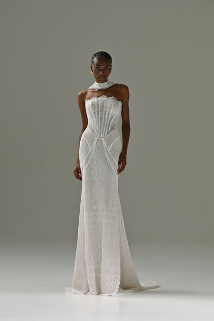 Strapless lace mermaid wedding dress with scarf collar – full-length front view