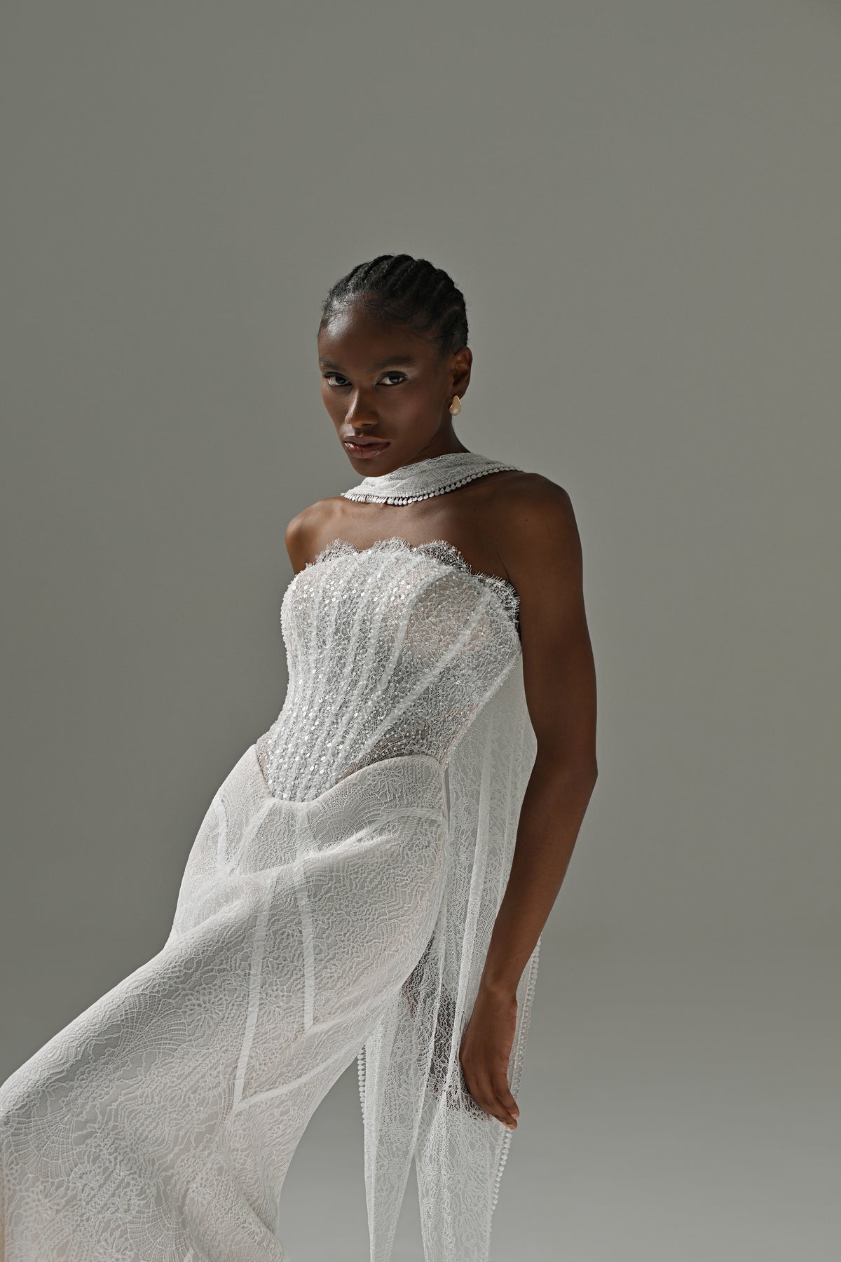 Lace mermaid wedding dress with draped scarf collar – three-quarter front view