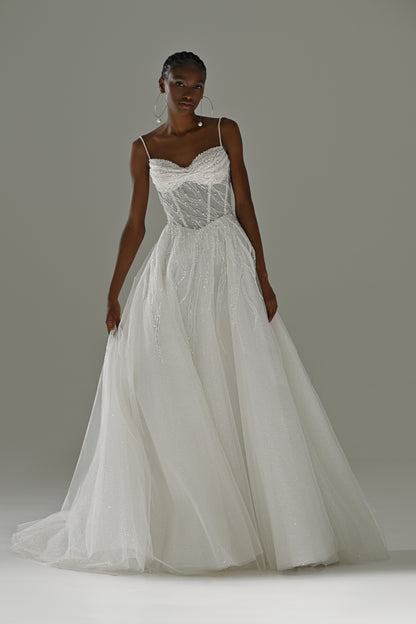 Tulle A-line wedding dress with sweetheart neckline – full-length front view