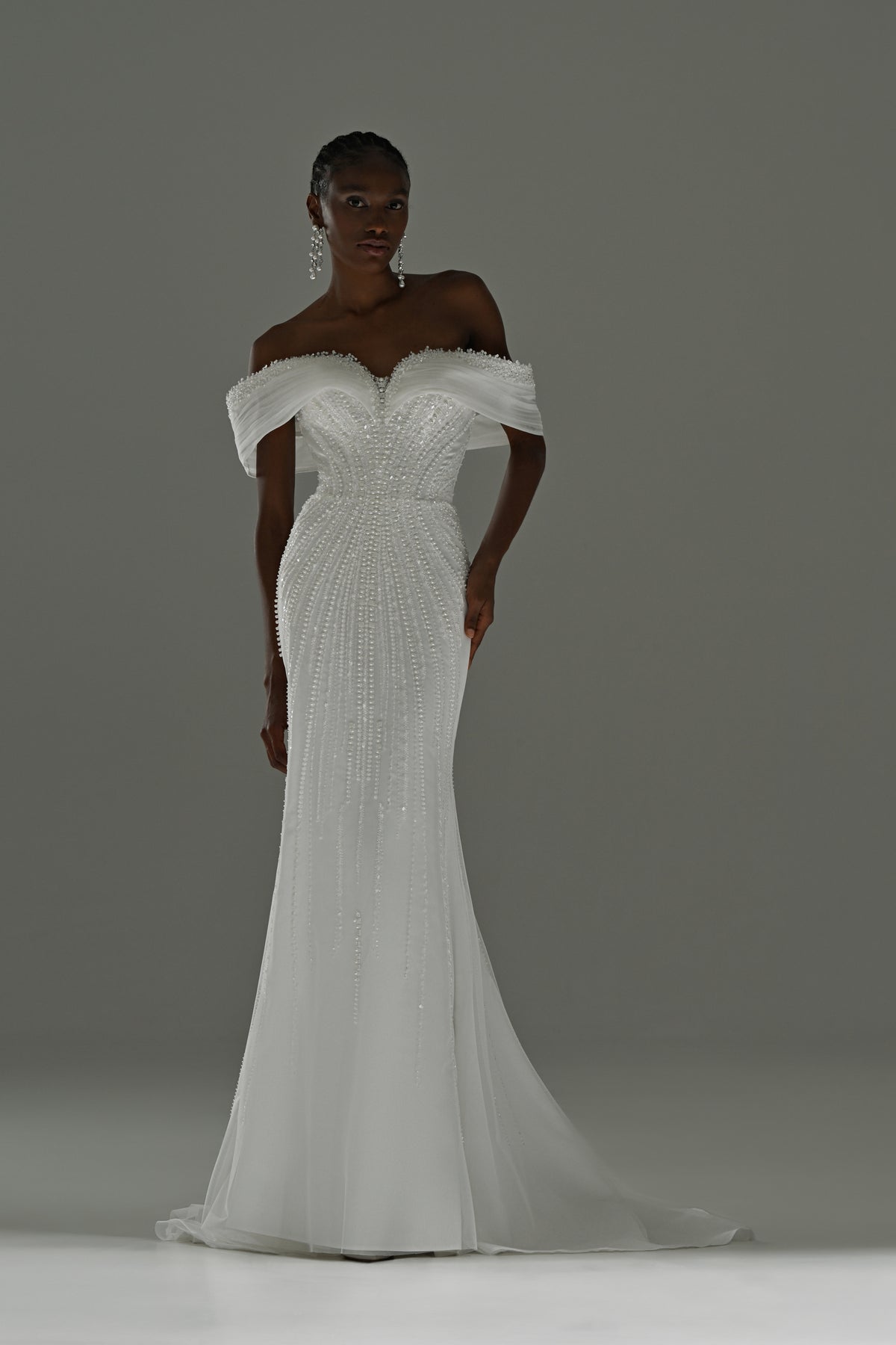 Lace mermaid wedding dress with off-shoulder draped neckline – full-length front view