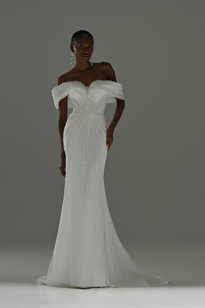 Lace mermaid wedding dress with off-shoulder draped neckline – full-length front view