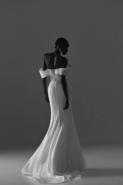 Lace mermaid wedding dress – black and white back three-quarter view