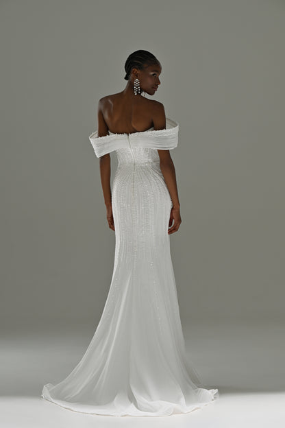Lace mermaid wedding dress with off-shoulder neckline – back view with the lace train
