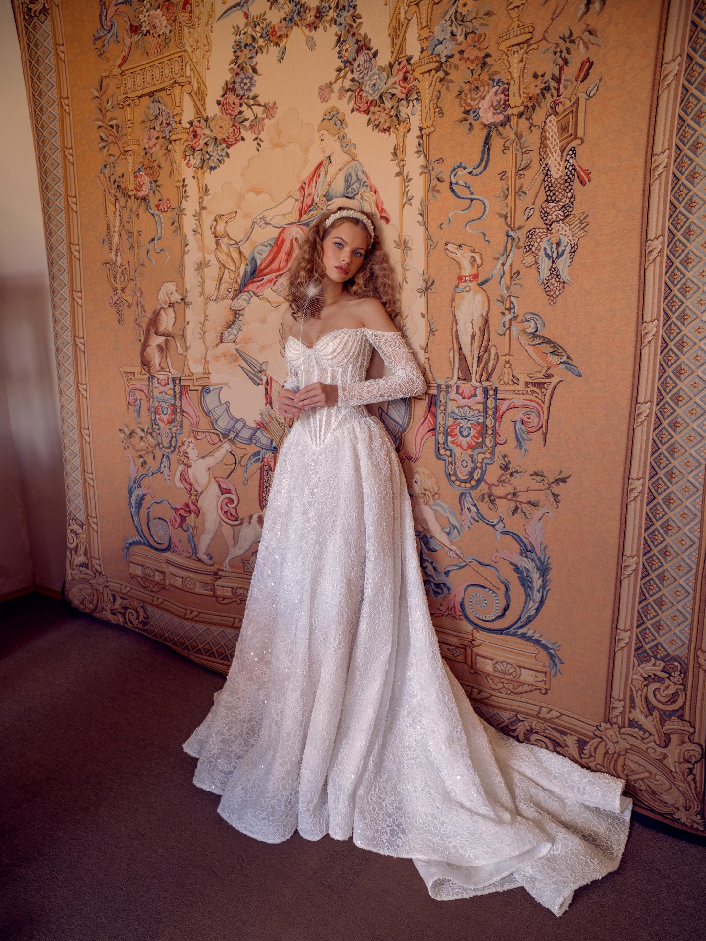 Off-the-Shoulder Beaded Lace Ball Gown Wedding Dress with Corset Bodice & Cathedral Train