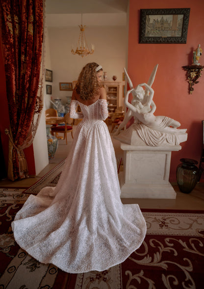 Off-the-Shoulder Beaded Lace Ball Gown Wedding Dress with Corset Bodice & Cathedral Train