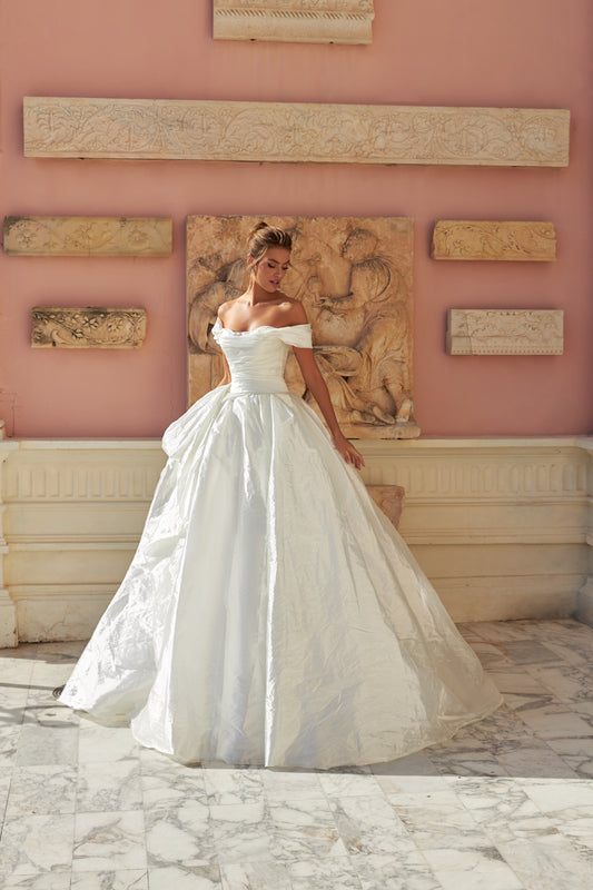A-line silk wedding dress with off-the-shoulder sleeves