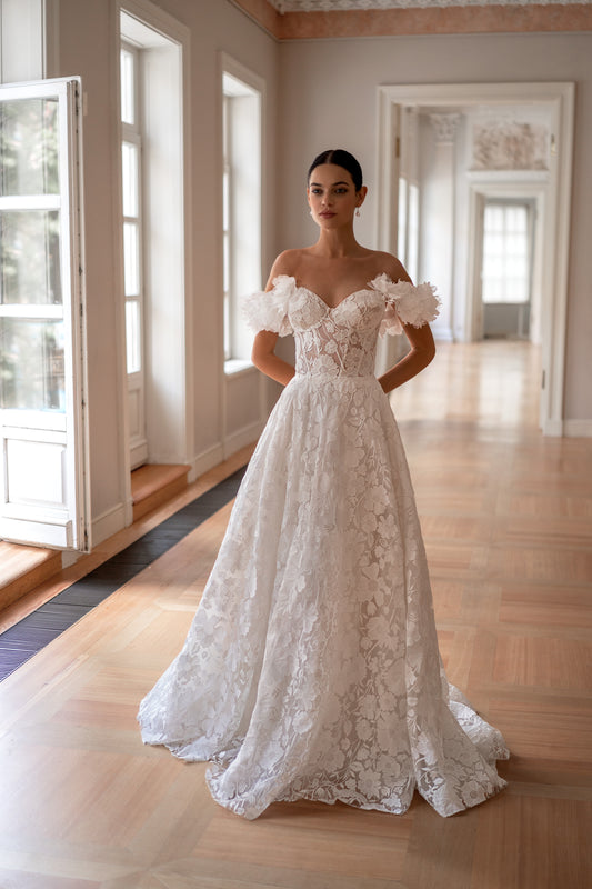 Romantic off-the-shoulder 3D floral A-line wedding dress