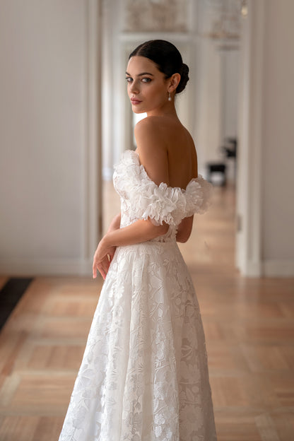 Romantic off-the-shoulder 3D floral A-line wedding dress