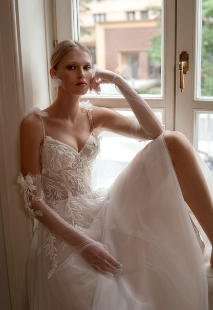 Romantic A-line tulle wedding dress with 3D floral elements