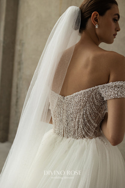 Princess A-line tulle wedding dress with pearl sequin bodice