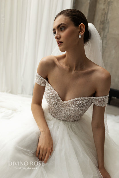 Princess A-line tulle wedding dress with pearl sequin bodice
