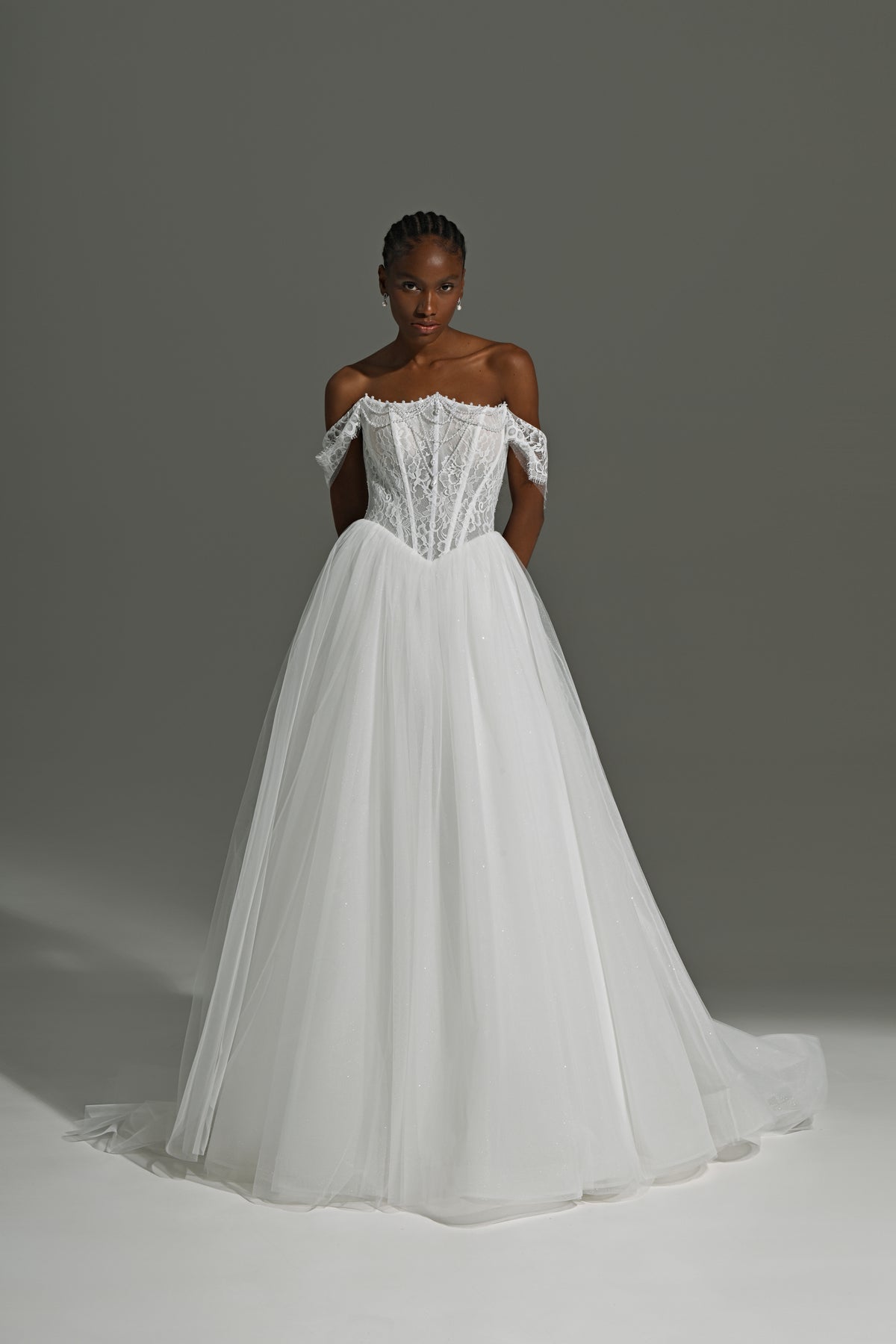 Tulle ball gown wedding dress with off-shoulder lace corset – full-length front view